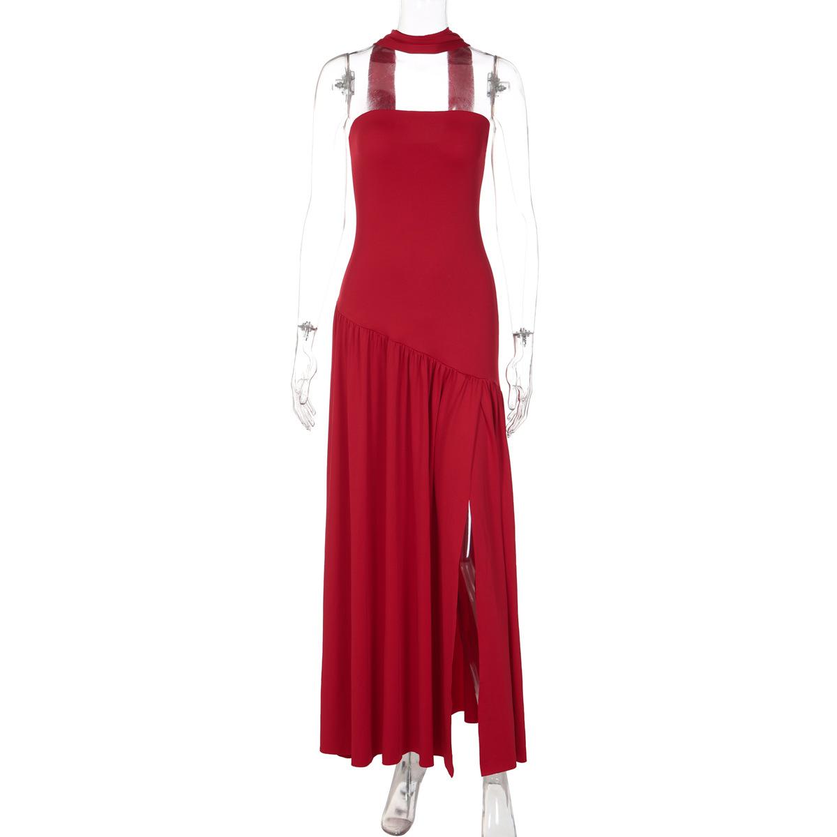 

Women Elegant One Shoulder Maxi Dress with High Slit Chiffon Evening Gown L червоний
