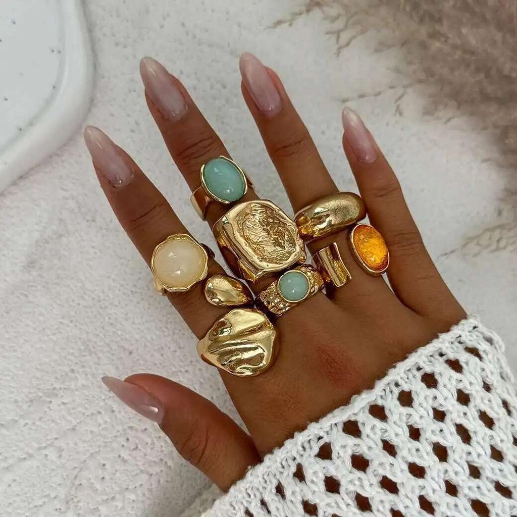 KunJoe 7 Stück/Set Vintage Bunte Acryl Offene Ringe für Damen Punk Geometrische Schlangenform Breiter Ring Finger Schmuck Zubehör