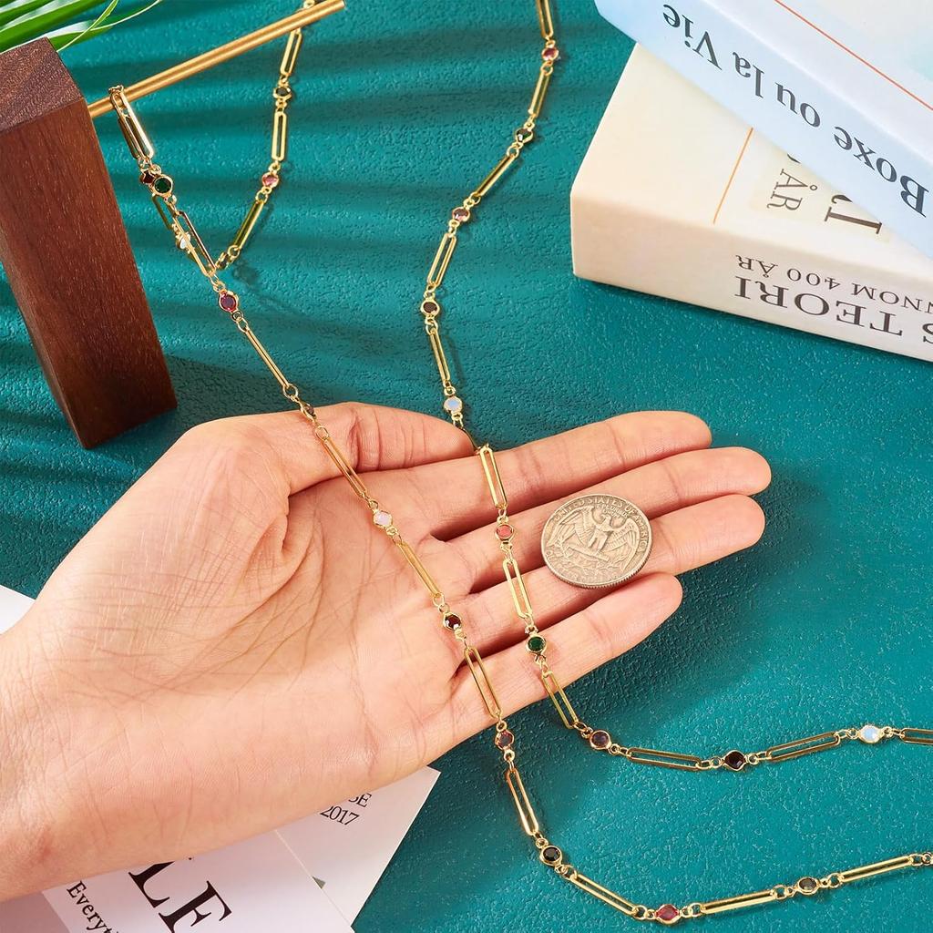 Pandahall 6.56 Feet 16K Gold Plated Stainless Steel Chains Rhinestone Paperclip Chains Crystal Chains Jewelry Craft Chains for DIY Necklace Bracelet