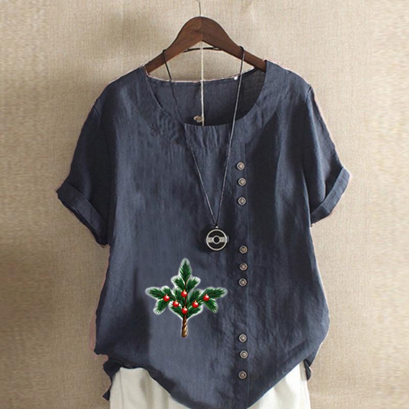 Women's Fashion Round Neck Short Sleeve T-shirt Casual Cotton Linen Graphic Shirt Jingling Bell Prined Summer Blouse Tops Plus Size