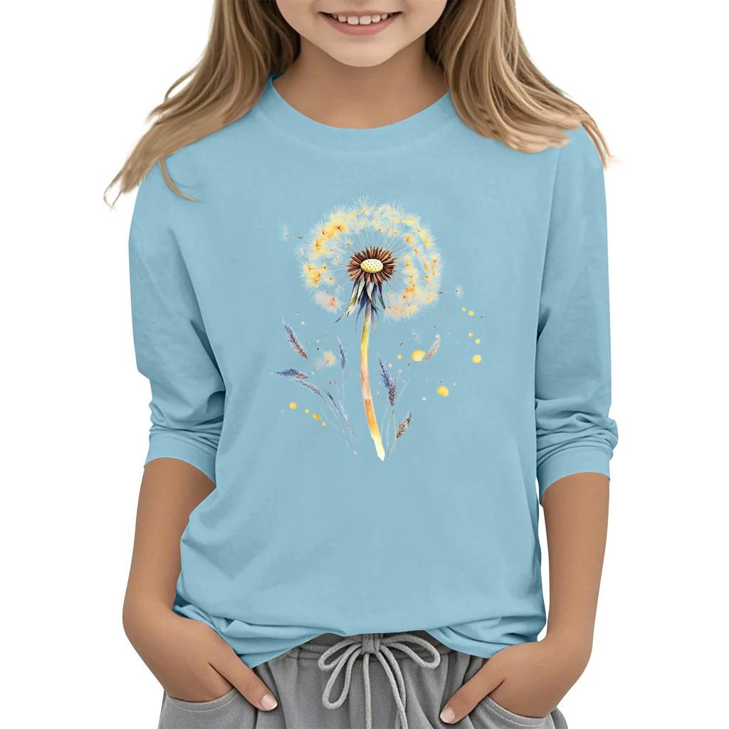 Children's 3/4 Sleeve Round Neck Flowers Print Casual Top
