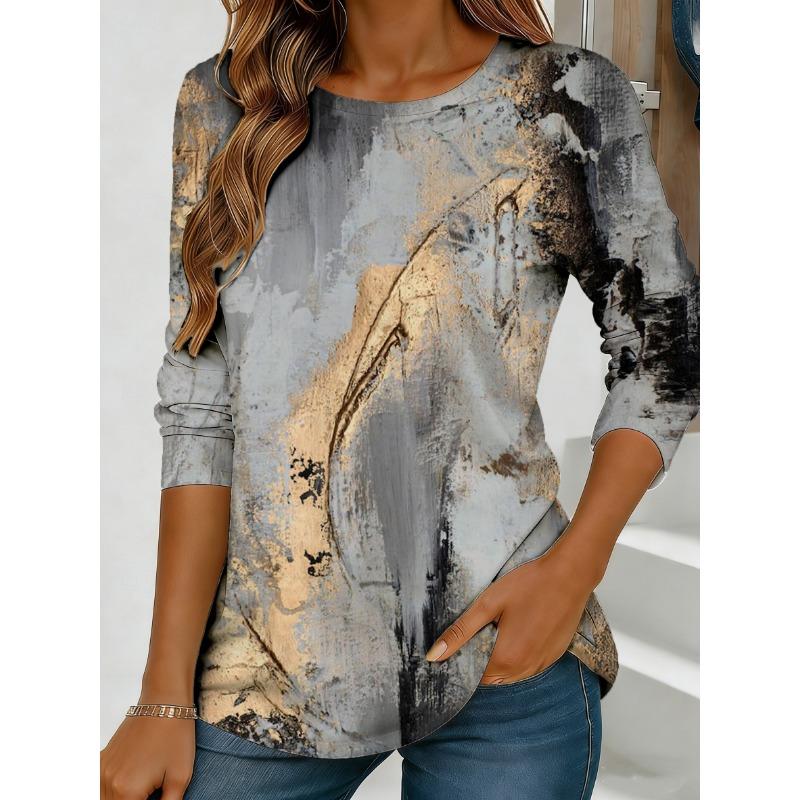 Women's Abstract Watercolor Print Long-sleeved Loose Round Neck Top, Casual Everyday Street Style with Elegant Design.