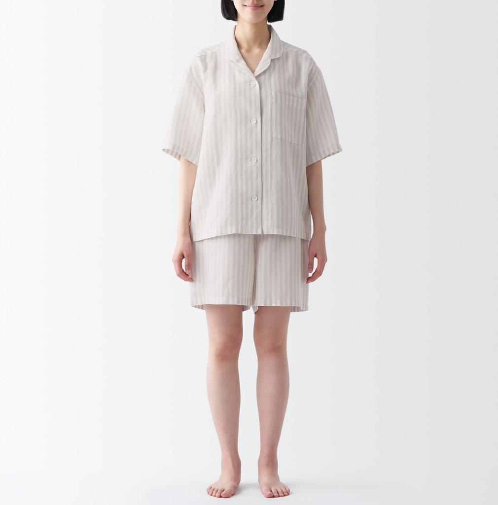 Pijamale MUJI Naturally Derived Cool Touch Lyocell Hemp cu mânecă scurtă FDB06A3S gri deschis cu dungi XL pentru femei