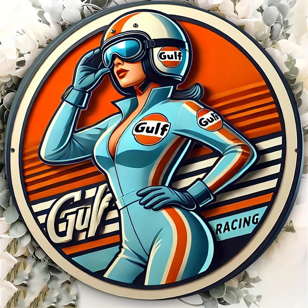 Vintage Gulf Racing Metal Wall Decor Sign X Inch Aluminum Art Plate with Retro Woman Racer Design Ideal for Home