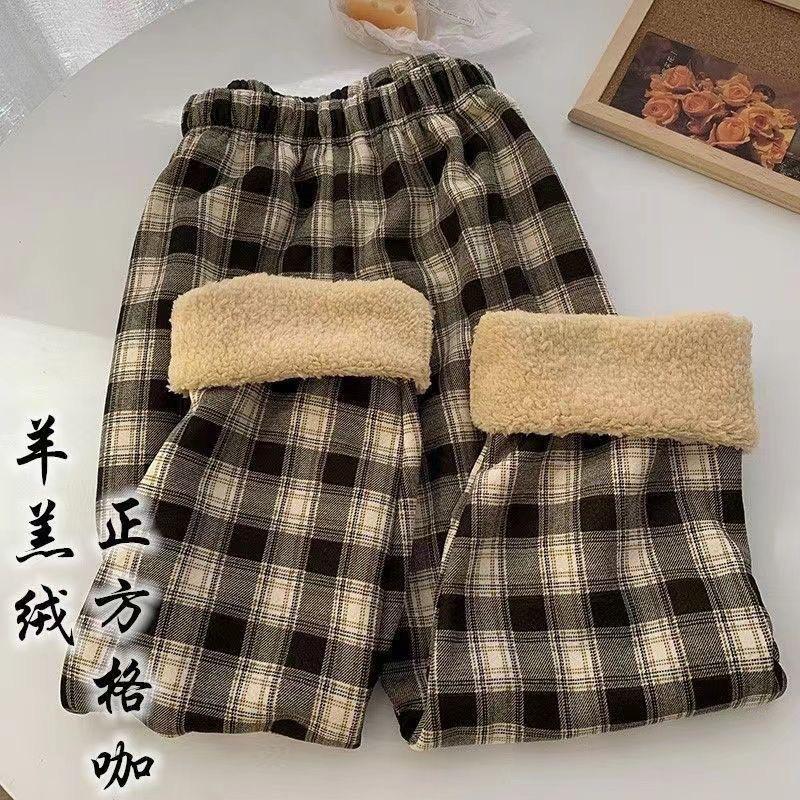 Black and white plaid pants women's autumn and winter new lamb wool wide-leg pants high waist straight Korean version of student casual pants