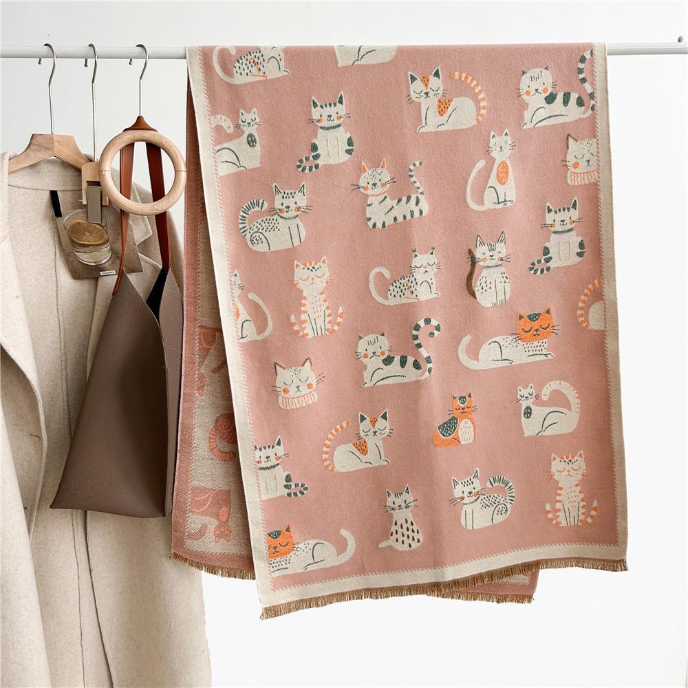 Cartoon Cat Cashmere-Feel Shawl and Scarf for Women – Autumn/Winter Dual-Use