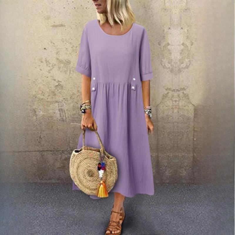

Loose Fit Midi Dress Double Pockets Button Decoration Round Neck Short Sleeve Summer Boho Workwear Dress XXXL