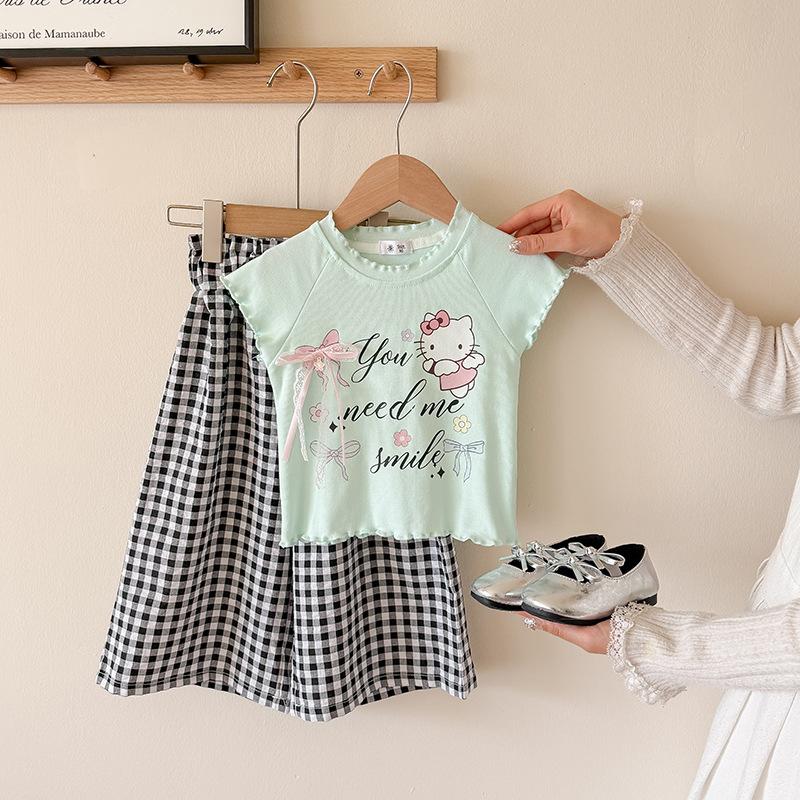 Girls Summer Princess Outfit Cute Cartoon Print Short Sleeve T Shirt And Plaid Shorts Two Piece Set Kids Clothing