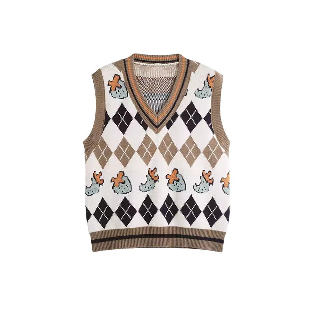 Womens Fashion Print Knitted Vest Sleeveless V Neck Sweater Layering Piece