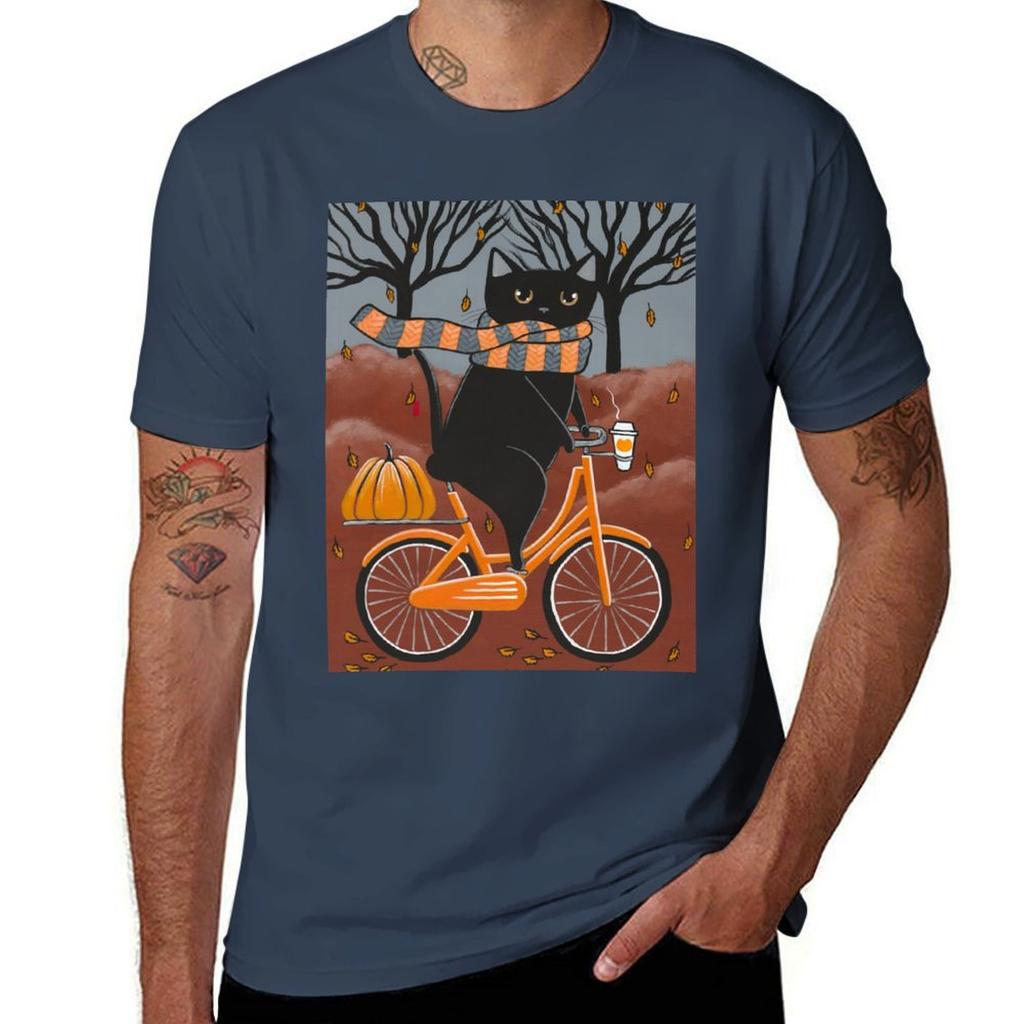 Black Cat Autumn Bicycle Ride Tshirt Unisex T Shirt Cotton High Quality Tshirt