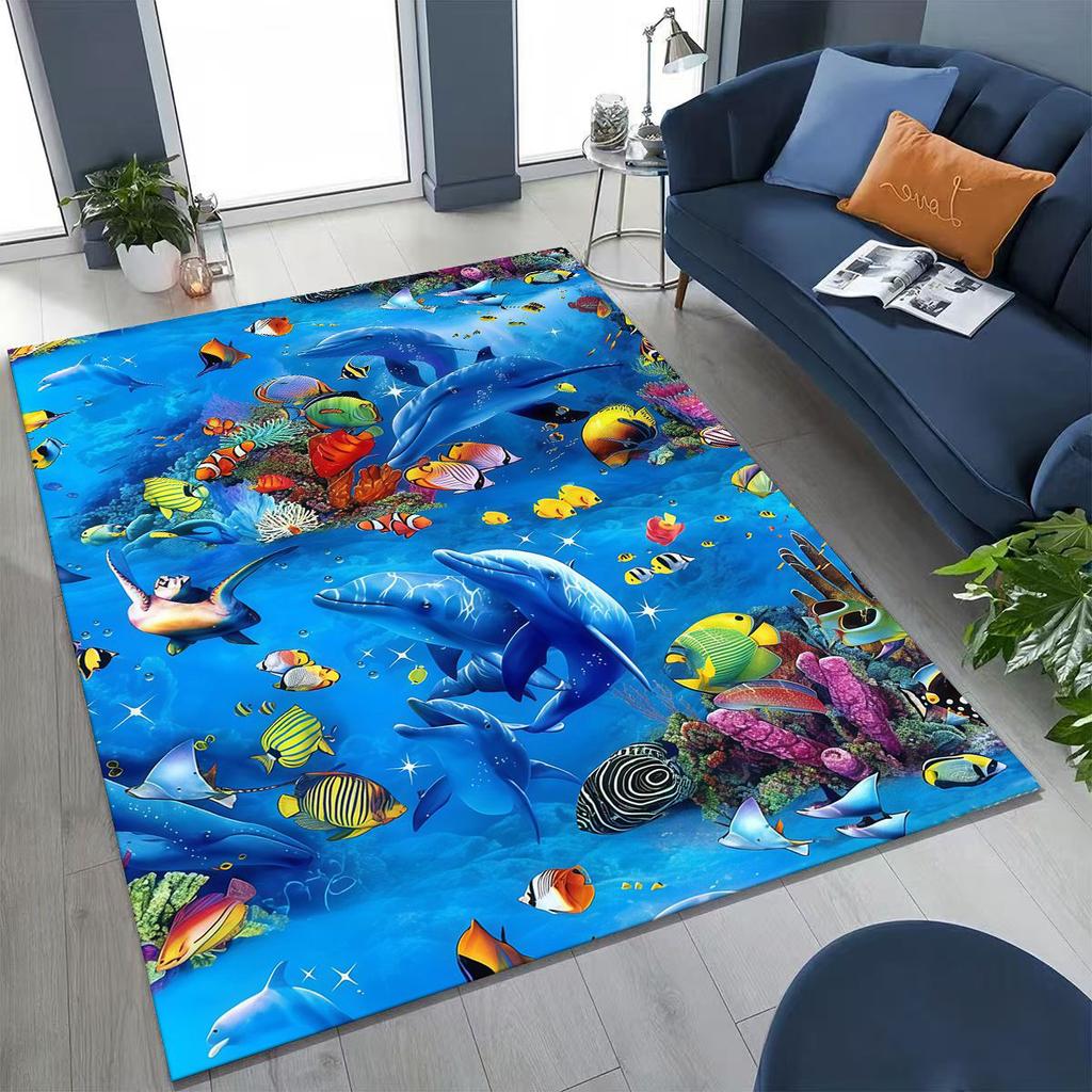 2026 New Underwater World Sea Dolphin Turtle Coral Rug for Bedroom Living Room Sofa Home Doormat Decor,Kids Non-slip Floor Mat