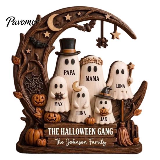 Spooky Party Decorations Halloween Ghost Family Wooden Plaque, Pumpkin Couple Tabletop Sign, Wood Table Ornaments Farmhouse Home Ornament for