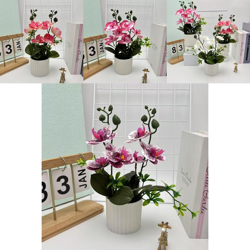 Faux Orchid Flower Arrangement With Pot For Home Decor And Indoor Green Plant Display