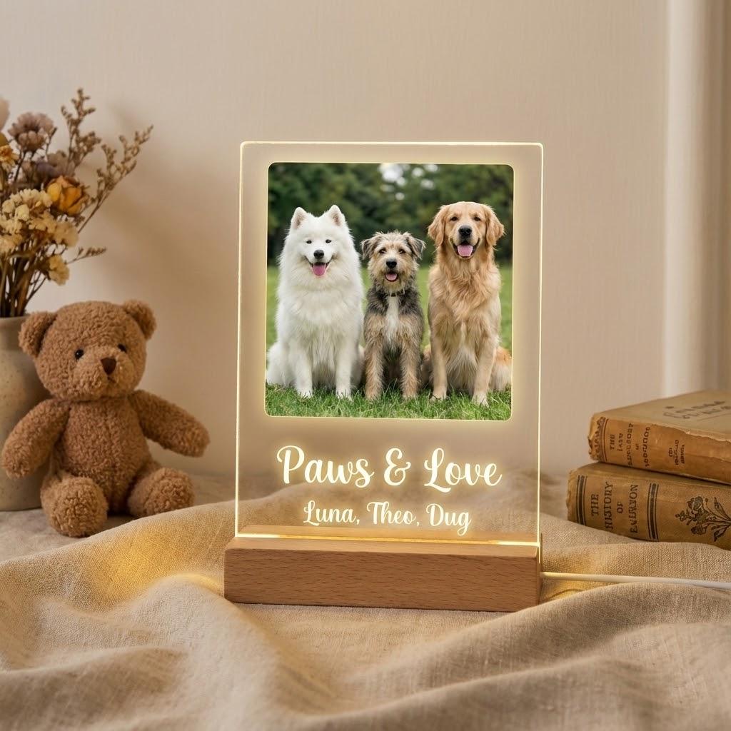 Personalized Pet Memorial Night Light Custom Pet Photo Text LED Acrylic Wood Base Thoughtful Gift or Pet Lovers Owner Friends