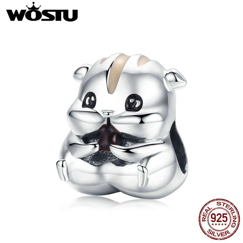 WOSTU Cute Animal Charm 925 Sterling Silver Hamster Beads Fit Original Bracelet Bangle Pendant For Women Jewelry Making CQC1133