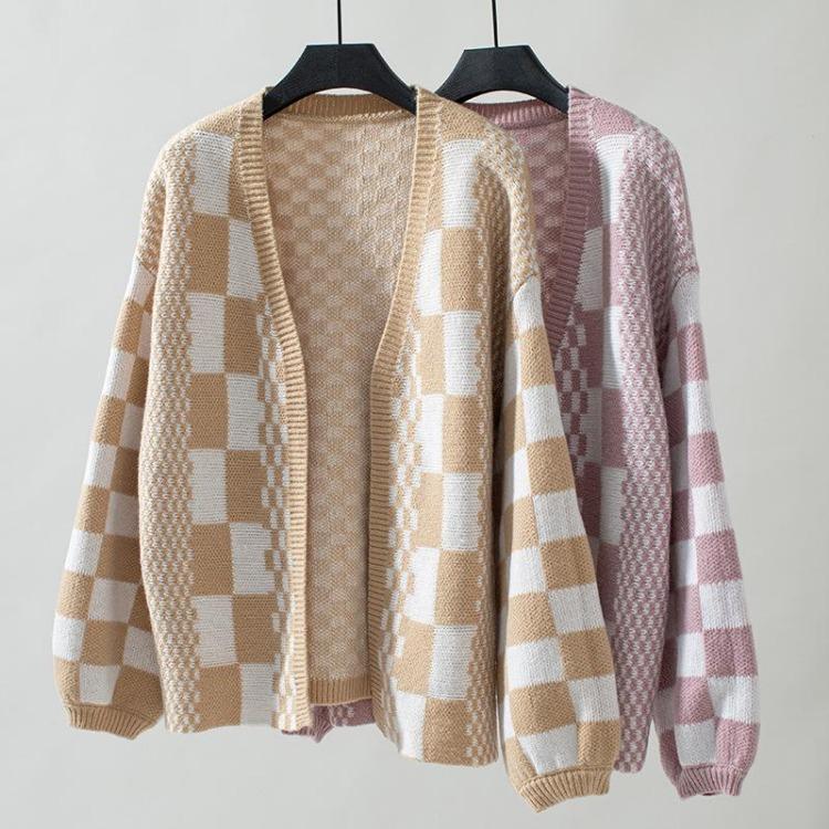 Loose Knitwear Cardigan Long Sleeve Vintage Print Top Sweater for Autumn Winter V Neck