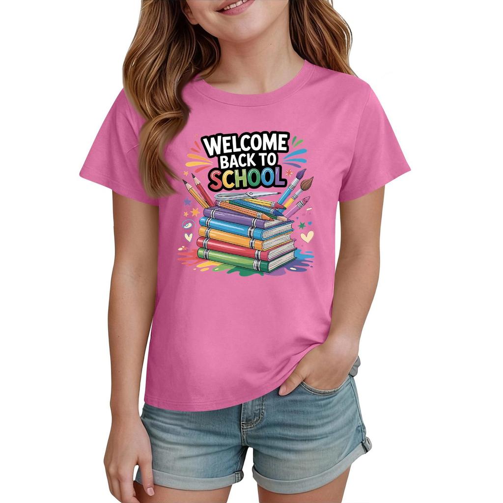 Kids Short Sleeve T Shirt Casual Crew Neck Tee Top Children Back to School Graphic Printed Lightweight Comfortable Summer Wear