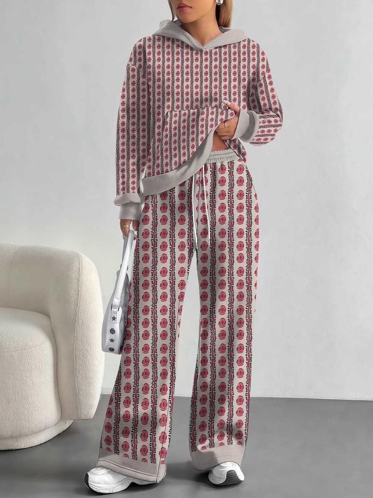 Striped European and American Autumn Casual Geometric Figure Long-sleeved Suit Women's Hooded Sweater Trousers Two-piece Set