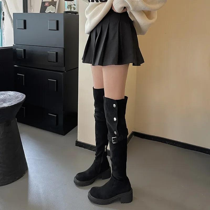 Vintage Women Over The Knee High Boots Fashion Back Zippers Shoes Autumn Winter Thick Heel Women's Long Booties