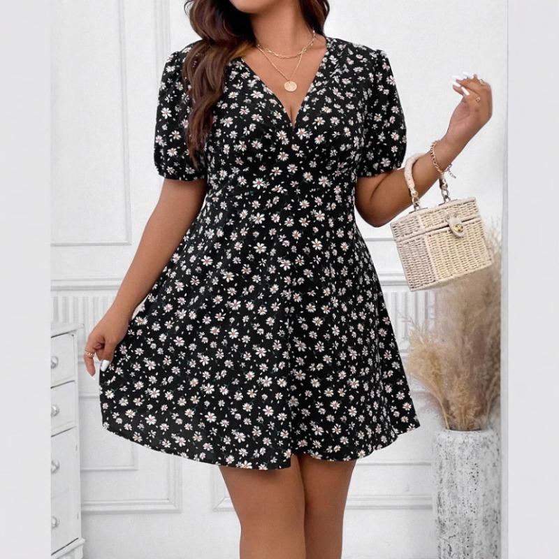 Fashion Elegant Floral Printed Dress Women's Plus Size Loose V Neck Casual Slim Waist A-line Party Dress Short Sleeved Bohemian V-neck Loose Clothing