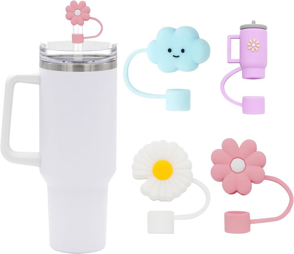 4PCS 0.4in Diameter Cute Silicone Straw Covers Cap for Stanley Cup Dust-Proof Drinking Straw Reusable Straw Tips Lids