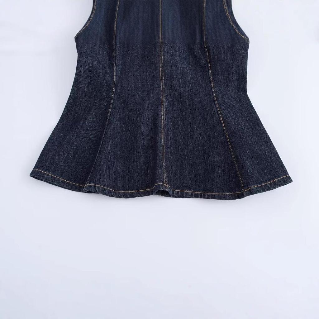 Spring 2025 Women's European & American Style Sexy V-Neck Spaghetti Strap Wave Hem Denim Jacket Top