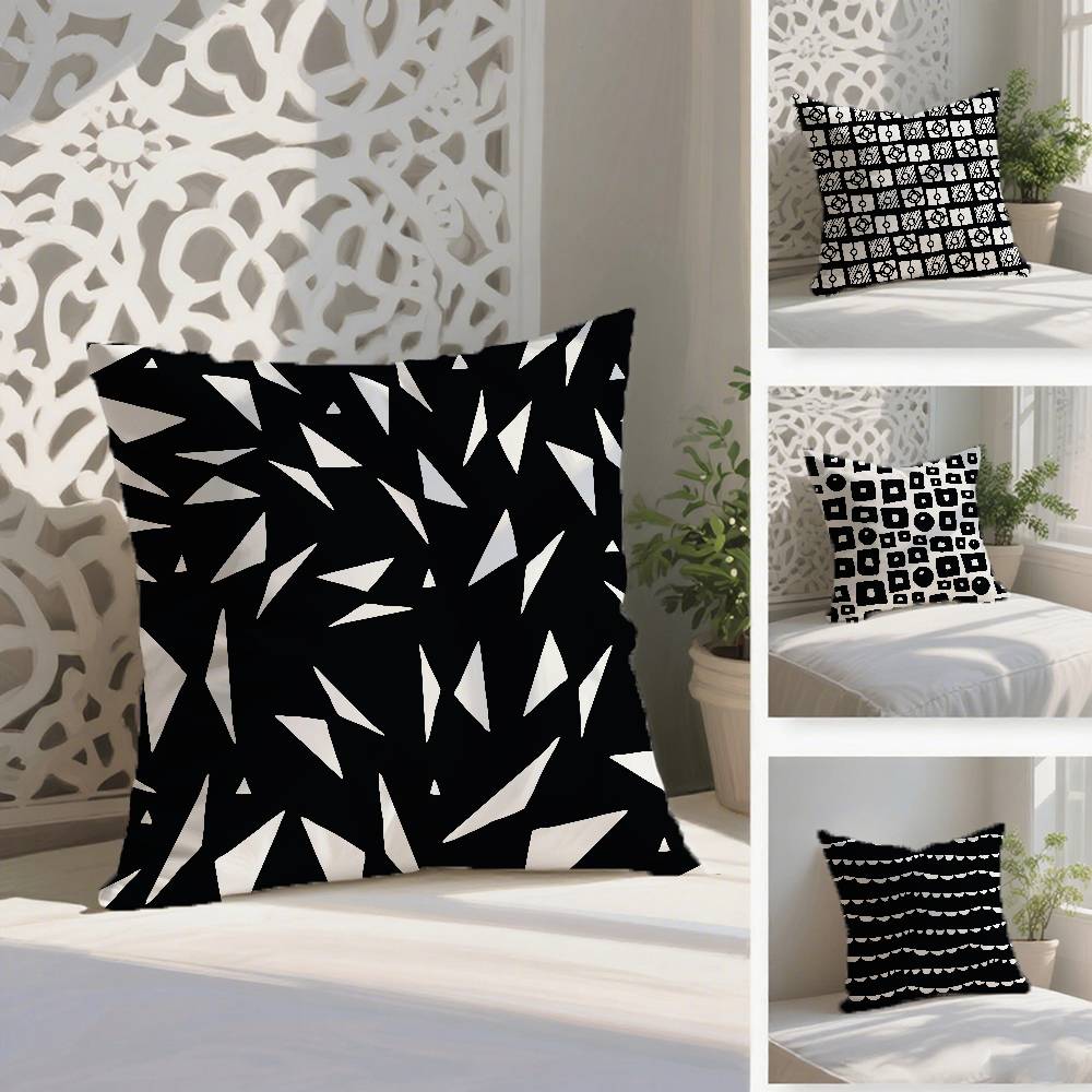 Black And White Abstract Print Pillow Case Anti-dustmite Pillowcase Invisible Zipper Silky Short Plush Sofa Cushion Cover