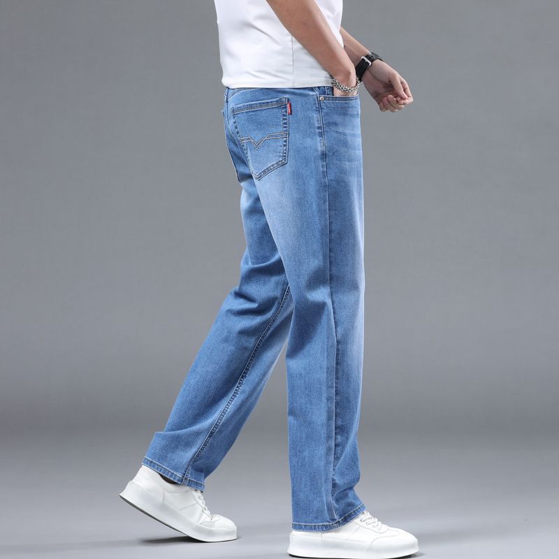 JYL Thin Jeans Men's Width Straight Elastic Trousers for Daily Use