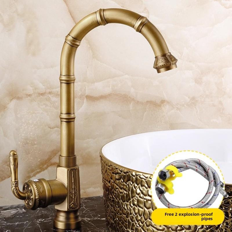 Basin Faucets Solid Brass Vintage Antique Bathroom Faucet Single Handle 360 Degree Swivel Spout Hot Cold Water Basin Mixer Tap