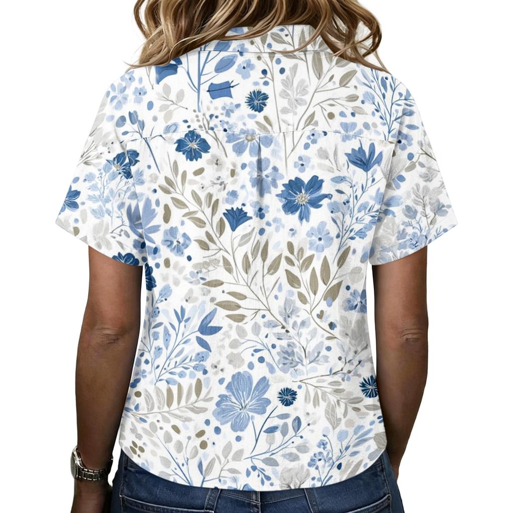 Women's Vintage Floral Print Short Sleeve Shirt Loose Fit Button Down Lapel Collar Casual Blouse Lightweight Breathable Fabric