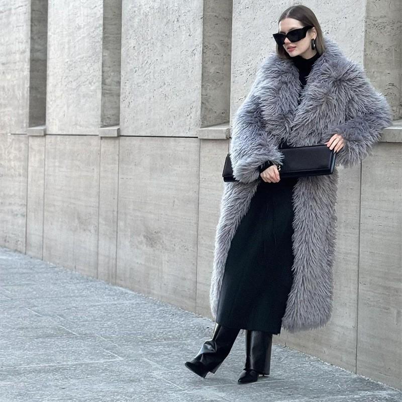 Long Faux Fur Coat Women Winter Warm Thick Oversized Outerwear With Notched Collar
