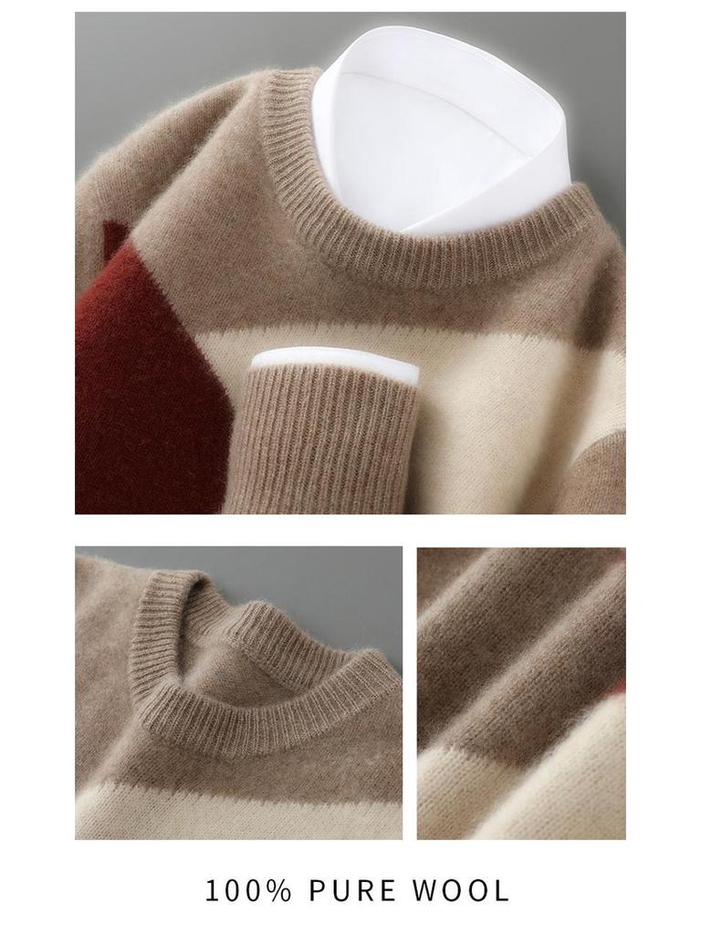 Men's 100% Pure Wool Color Block Cashmere Sweater - Round Neck, Autumn/Winter, Loose Casual/Business Wear