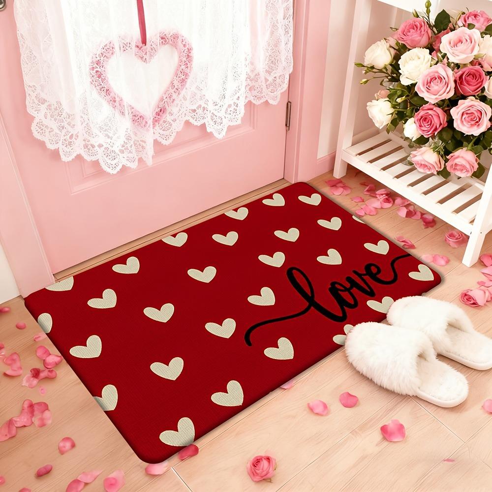 Valentine's Day doormat, red background with beige love pattern.