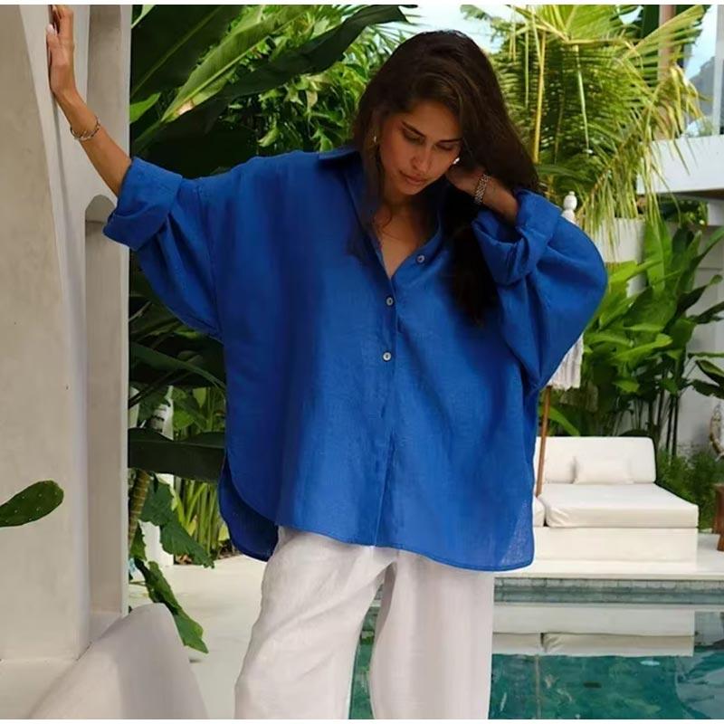 

Повседневная женская рубашка на пуговицах, свободная, однотонная, с отложным воротником, длинным рукавом, однобортная, женская рубашка, весна-лето 2025 г., женский топ L темно-синий