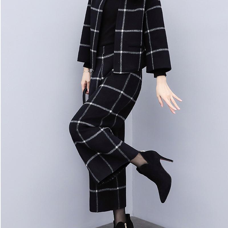 

Women s Autumn Winter Two Piece Pants Plaid Wool Short Jacket Wide Leg Pants Skinny Fashion Suit Women s Tide Matching Sets XXS чорний