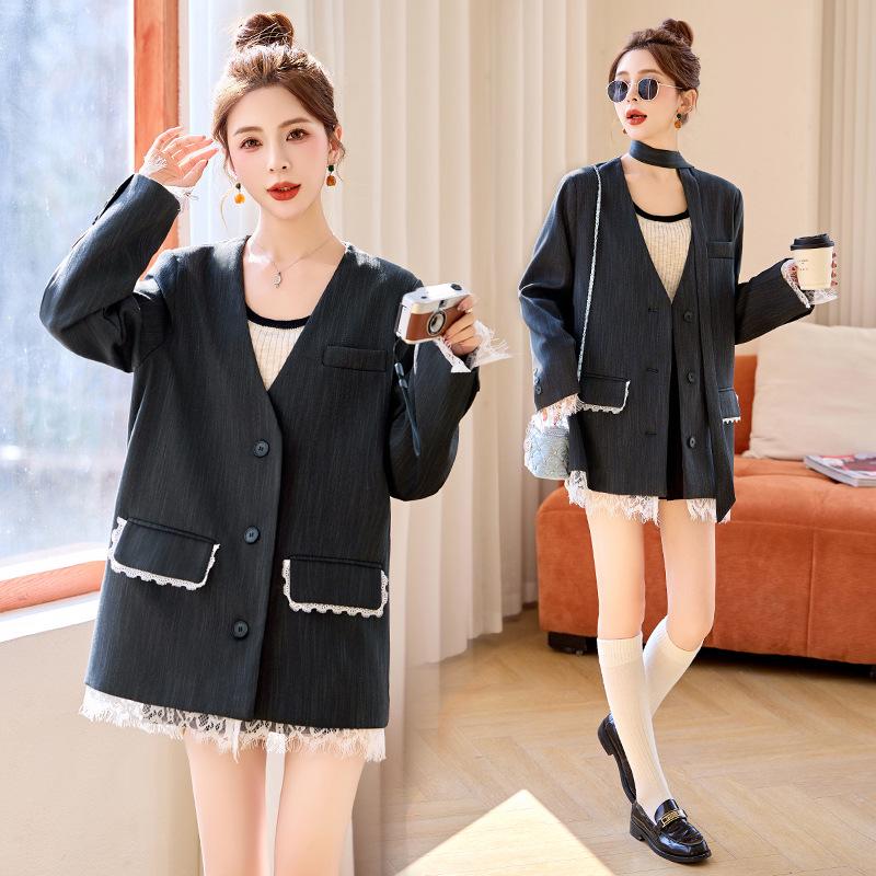 

Весна и Осень 2025 Женский Костюмный Пиджак Высокого Класса с Кружевной Отделкой и Лентами MX891 L (55-60 kg) темно-серого