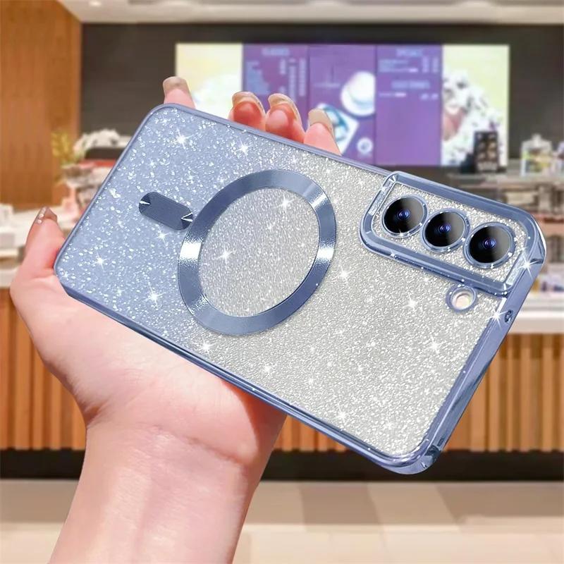 

Чохол Glitter Bright для Samsung Galaxy S24 S23 S22 S21 S20 Ultra Plus FE Case Note20 Ultra Plating Wireless MagSafe Magnetic For Galaxy S22 Ultra світло-синій колір