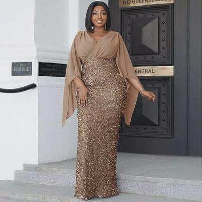 "2025 Elegant V-Neck Chiffon Sequin Spliced Evening Gown"