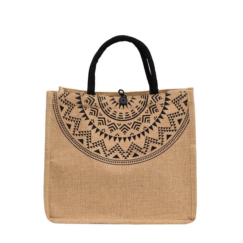 Retro Tote Bag Natural Linen Simple Shopping Bag Coarse Jute Fashion Linen Printing