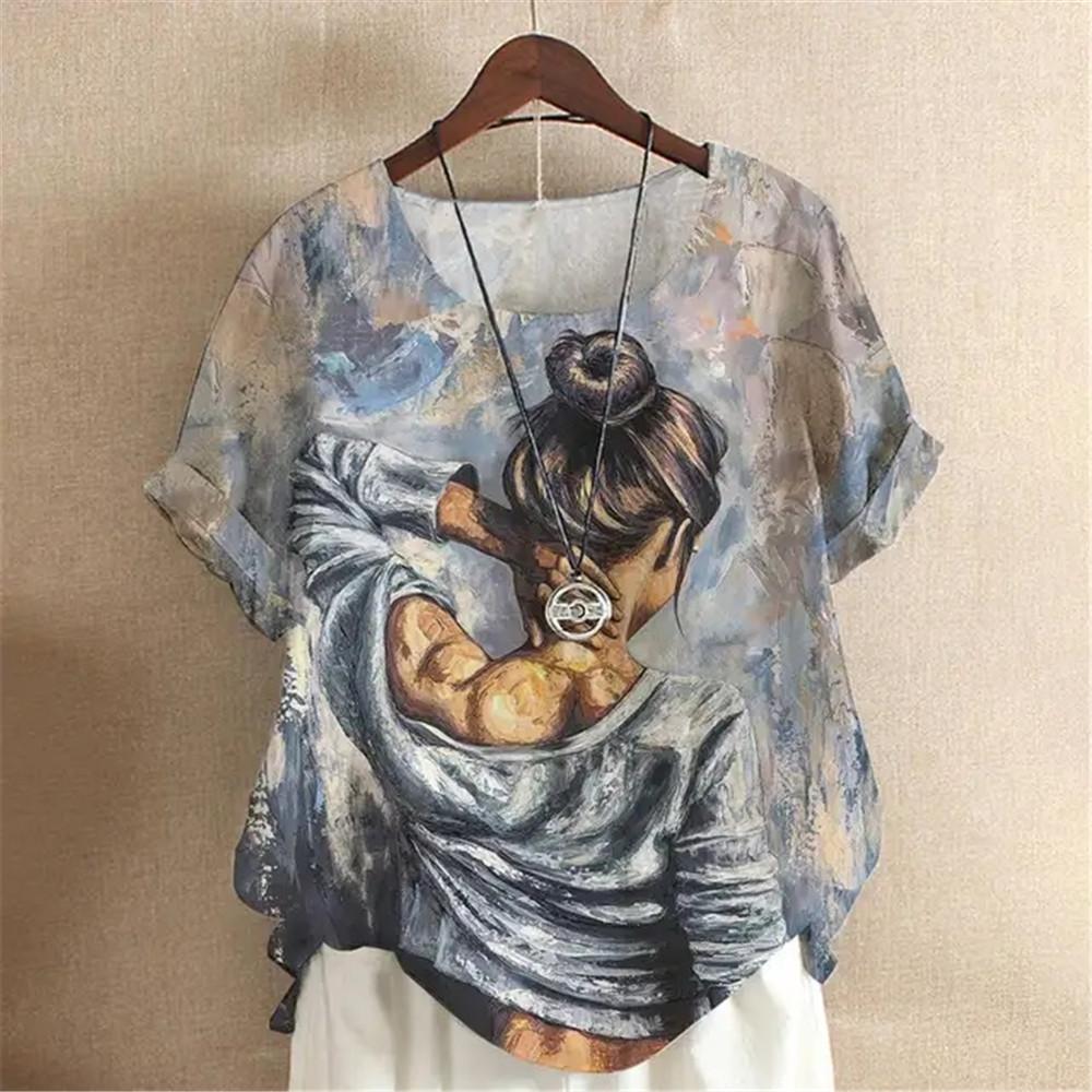Oil Painting Y2k Girls Digital 3D Print Summer Fashion Women T-shirt Short Sleeve Everyday T-shirt Harajuku Vintage Pullover