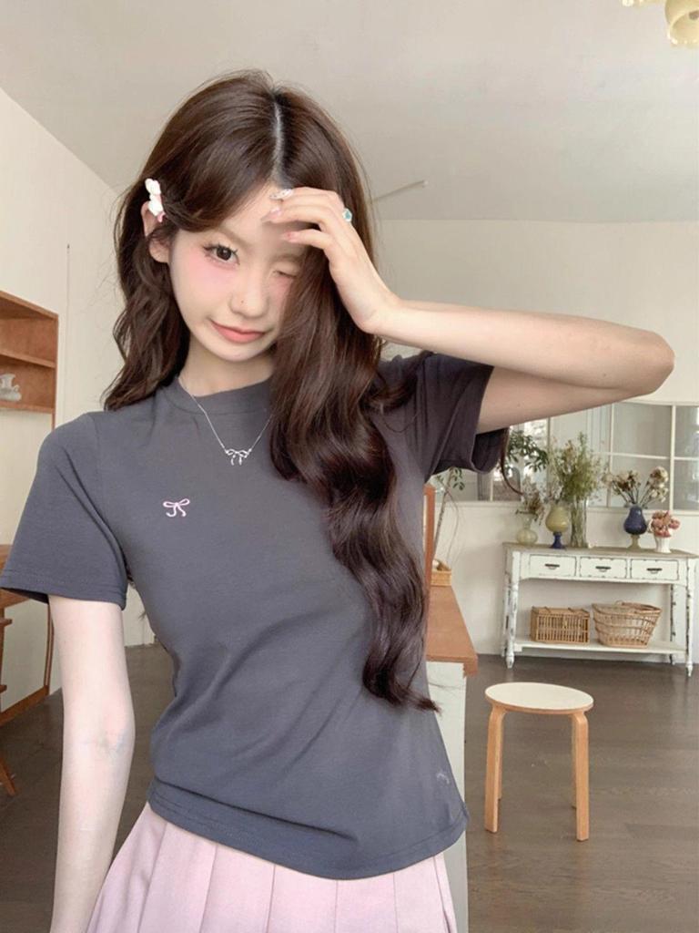 Women's 2025 Korean Style Bowknot Embroidered Slim Fit T-Shirt, Short Sleeve, Round Neck