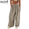 QICED 8 Color Women High Elastic Waist Trousers Wide Leg Loose Pants Deep Vest Pleated Ankle Pockets Solid Color Soft Ladies Casual Pants