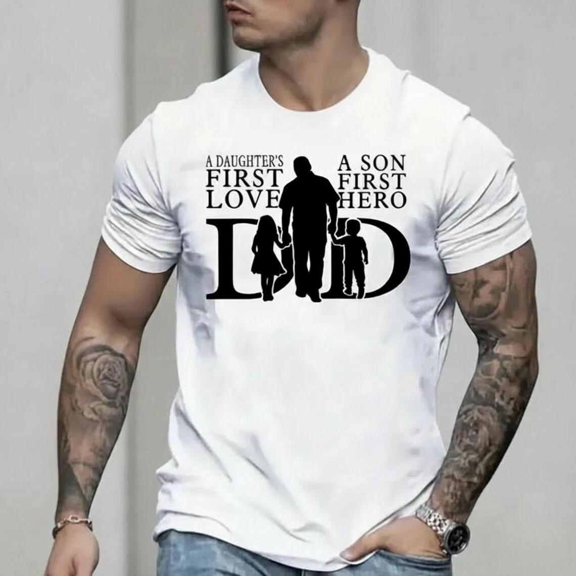 Dad Daughters First Love Sons First Hero Graphic Tee Patriotic Fathers Day Gift M
