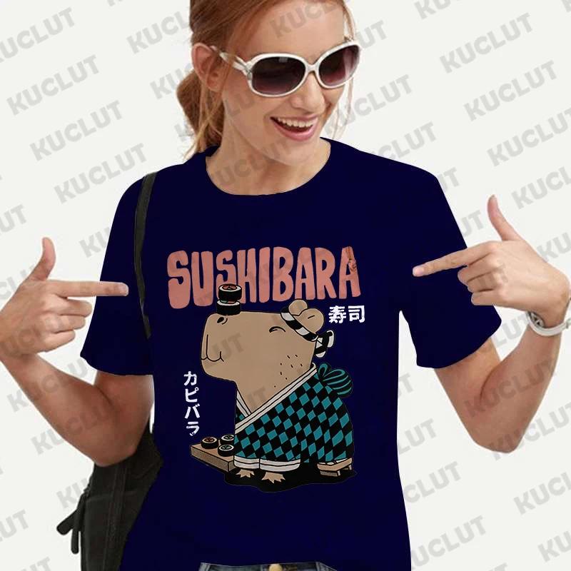 Woman Clothing Japanese Style Cute Capybara Print Tees Shirt Fashion Female Clothes T-Shirts Funny Animal Graphic Y2k Tops