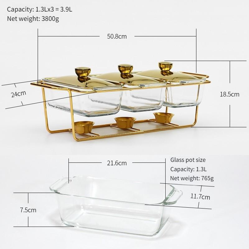 Большая вместимость Золотой Прямоугольный Стеклянный Обеденный Подогреватель для еды Отель Ресторан Подогреватель для еды Контейнер Набор подносов для шведского стола