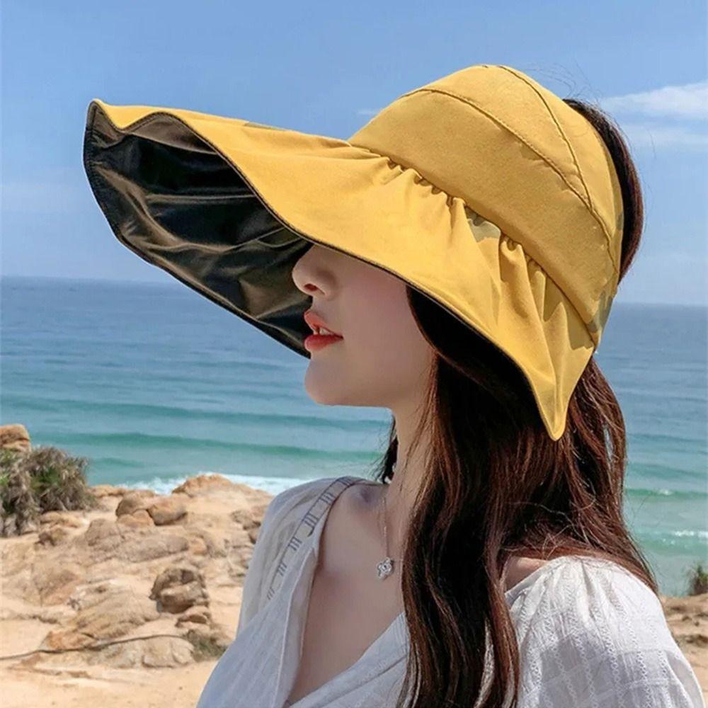 Foldable Summer Sun Cap Empty Top Sunscreen Bucket Hat Fashion Large Visor Sun Hat  Women