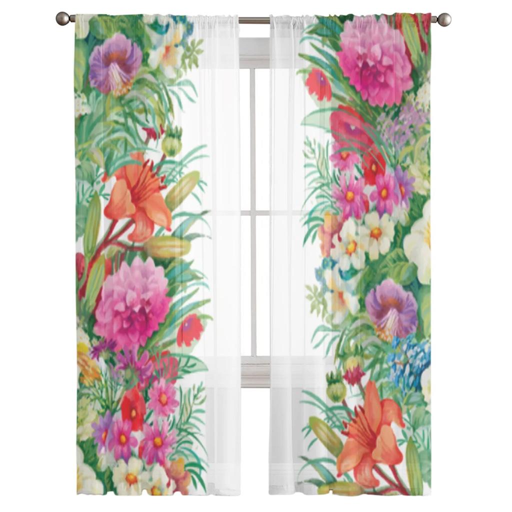 Floral Watercolor Wildflowers In Vintage Style Tulle Curtains for Living Room Bedroom Chiffon Sheer Voile Kitchen Curtain