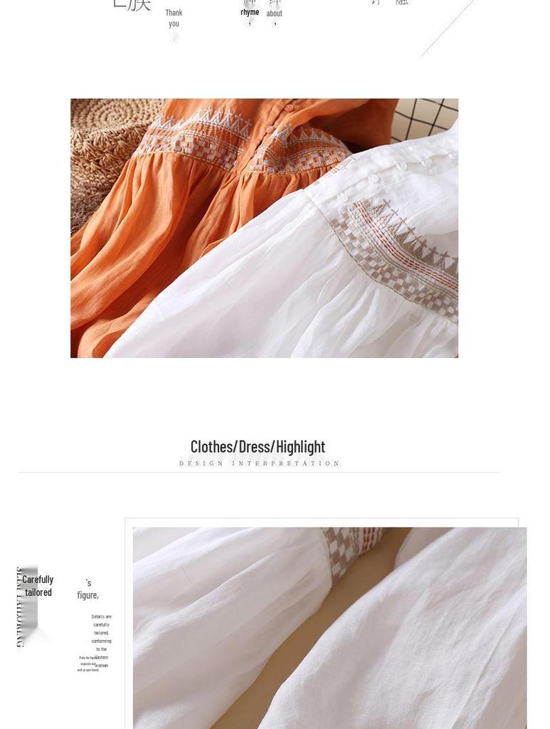 2024 Spring/Summer Women's Ethnic Embroidered Nine-Sleeve Cotton Midi Dress with Round Neck