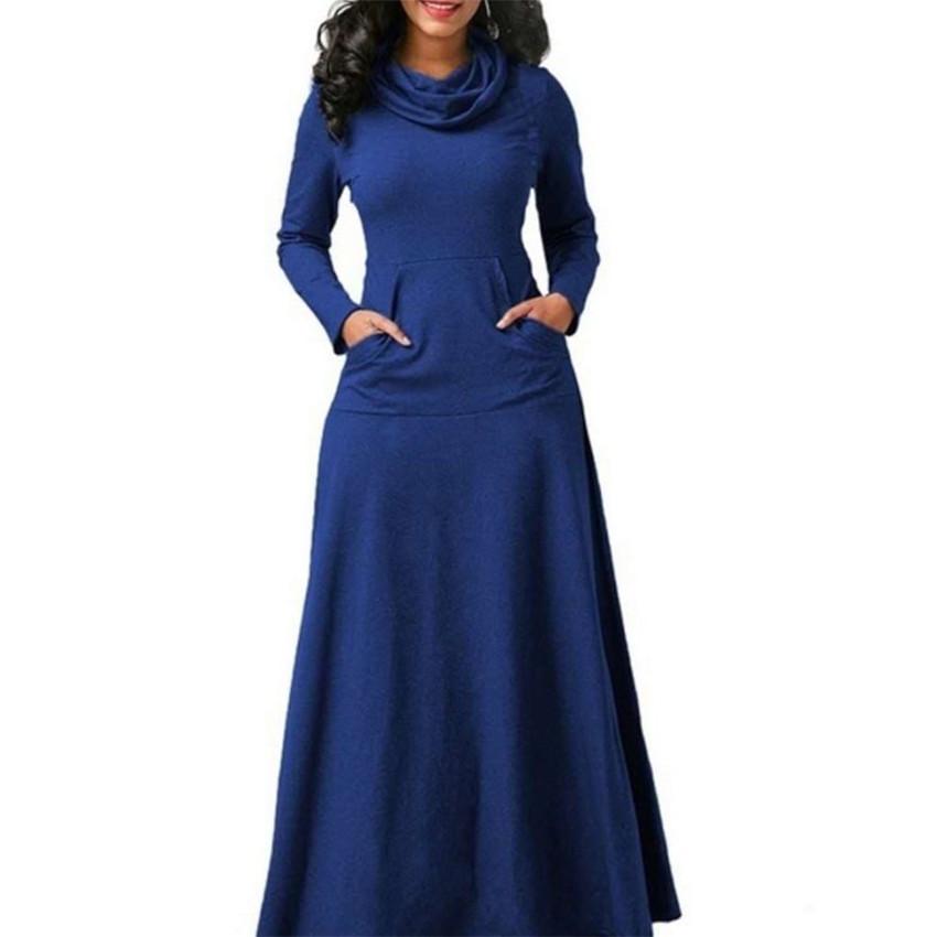 Autumn and winter solid color patchwork interface pocket neck long dress autumn and winter long dress
