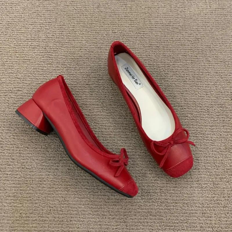 Fashion Elegant Red Ballerinas Women Pumps Slip On Loafers Round Toe Square Heels Bowknot Casual Spring Autumn Low Heel Shoes